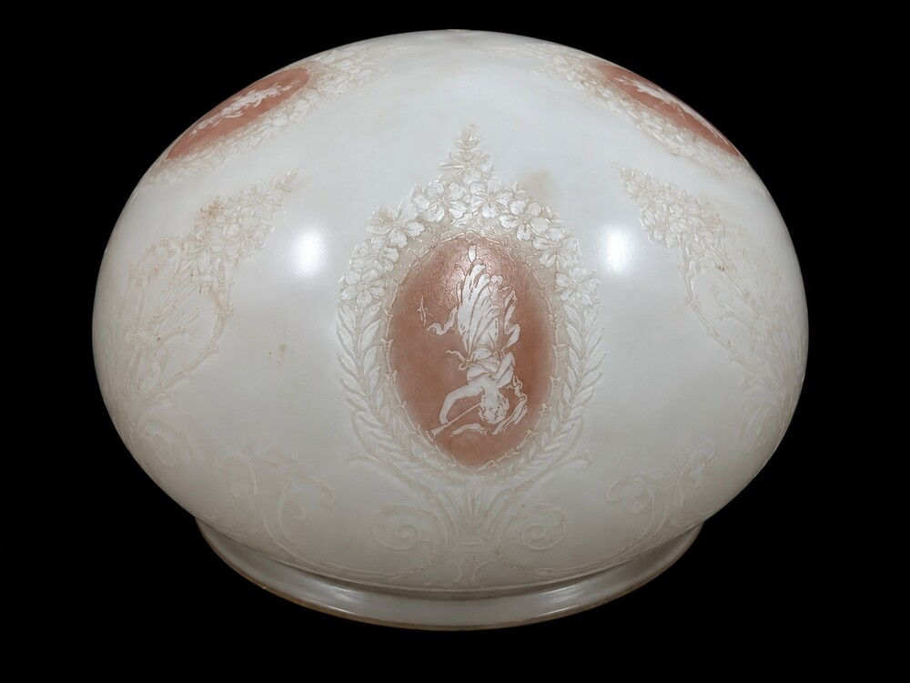 Antique Opaline Glass Lampshade Neoclassical Cameo Decoration Floral Relief